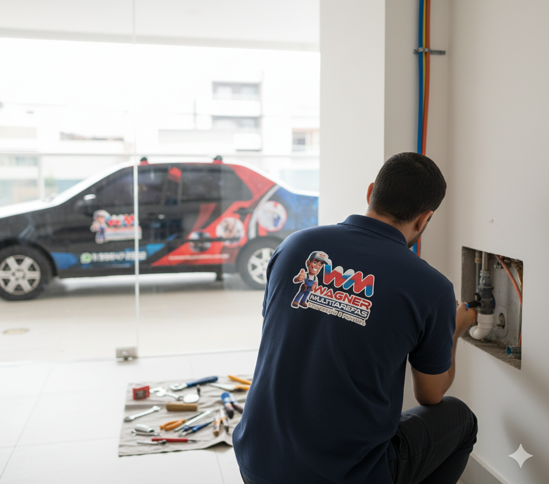 Profissional Wagner Multitarefas realizando instalação hidráulica com veículo da empresa ao fundo